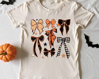 Halloween Coquette Bow Shirt for Kids – Cute Orange and Black Bows Tee – Fall Spooky Season Outfit for Girls