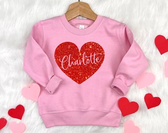 Kid&#39;s Valentine Outfit, Personalized Valentine&#39;s Sweatshirt with Heart, Girls Valentines Day Shirt, Custom Name Valentine&#39;s Gift Glitter Tee