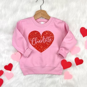 Kid's Valentine Outfit, Personalized Valentine's Sweatshirt with Heart, Girls Valentines Day Shirt, Custom Name Valentine's Gift Glitter Tee