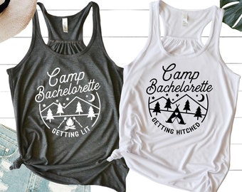 Camp Bachelorette Party Tanks, Camping Bridal Party Tank Tops, Getting Hitched Shirt, Getting Lit Bridesmaids Tees, Rustic, Outdoor, Hiking