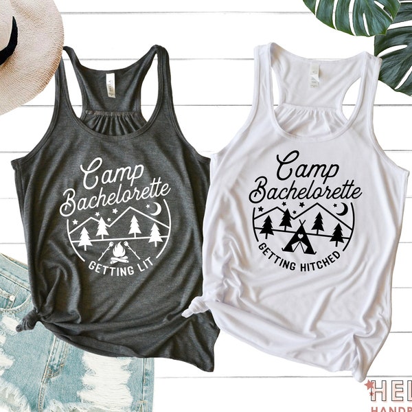 Camp Bachelorette Party Tanks, Camping Bridal Party Tank Tops, Getting Hitched Shirt, Getting Lit Bridesmaids Tees, Rustic, Outdoor, Hiking