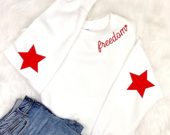 4th of July Sweatshirt, Freedom print on collar, stars on elbows. Choose your color, choose your size, adult, toddler, and youth available