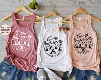 Camp Bachelorette Party Tanks, Getting Hitched, Getting Lit Bridesmaids Shirts, Rustic, Outdoor, Hiking Gifts, Camping Bridal Party Shirts