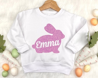 Glitter Kids Easter Sweatshirt, Personalized Easter Sweatshirt, Glitter Bunny, Easter Gift for Girl, Custom Name Easter Bunny Sweatshirt