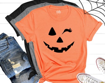 Funny Halloween Shirt, Winking Pumpkin Face, Halloween Costume Idea, Women's Cute Costume, Graphic T, Party Clothing, Unisex Tshirt, Pumpkin