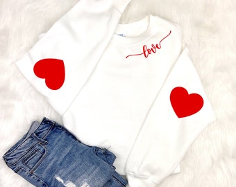 Valentine Sweatshirt, Heart Arm Patches, Love Heart Sweatshirt, Cute Valentines Sweater, Teacher Valentine&#39;s Shirt, Mommy and Me Valentine