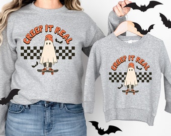 Mamma och jag Halloween-tröjor, Creep it Real-tröja, Halloween-tröja för barn, Halloween-outfits för mamma och jag, Matchande hösttröjor