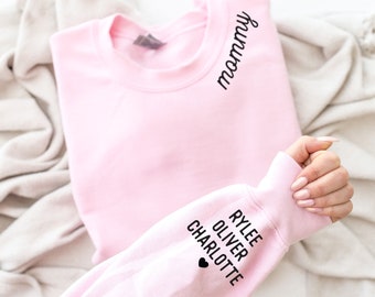 Mommy Sweatshirt, Kid Names on Sleeve, Name on Collar, Mother's Day Gifts from Daughter, Baby Shower Gift, Heart On My Sleeve, Mama, Mom
