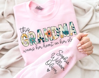 Sweat-shirt personnalisé pour grand-mère, cadeau de Noël pour grand-mère, Je porte mon coeur sur ma manche, sweat-shirt grand-mère avec le nom des petits-enfants sur la manche