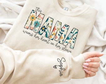 I Wear My Heart On My Sleeve Sweatshirt, Mothers Day Shirt, Mama Sweatshirt with Kids Name on Sleeve, Personalized Mother Day Gift for Mom