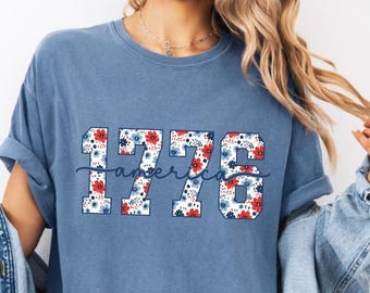 Comfort Colors 1776 America T-Shirt, Floral Patriotic Tee, 4th July Shirt Women, Cute 4th of July Shirt, Independence Day Tshirt