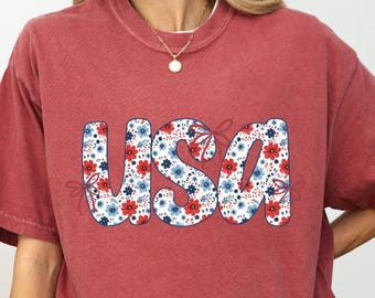 Coquette Floral USA Comfort Colors T-Shirt, S-4XL, America Shirt, Cute American Shirt, Summer BBQ Outfit, 4th of July Tee, Memorial Day