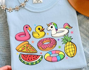 Cute Summer Pool Float Comfort Colors Shirt with Flamingo Duck Unicorn Pizza Donut | sizes S-4XL, Tote available