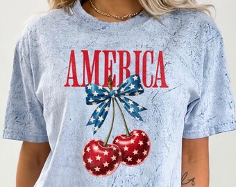 America Patriotic Cherries Comfort Colors T-Shirt, Sizes S-4XL, Cute Summer BBQ Outfit, 4th of July Shirt, Independence Day Tee, 1776