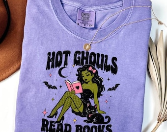 Hot Ghouls Read Books Comfort Colors Shirt, Bookish Halloween Tee, Spooky Book Lover Shirt, Witchy Reader Gift, Black Cat Graphic Tee