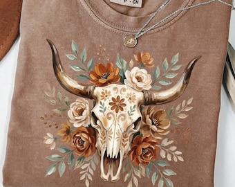 Floral Cow Skull Western Comfort Colors Tee, Boho Cowgirl Graphic Shirt, Sizes S-4XL