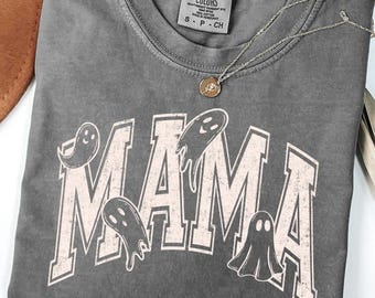 Halloween Mama Comfort Colors Shirt, Spooky Ghost Mom Graphic Tee, Varsity Mama T-Shirt