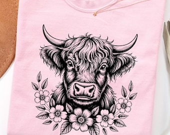 Highland Cow T-Shirt with Floral Graphic for Western Farmhouse Style, sizes S-4XL, Tote available