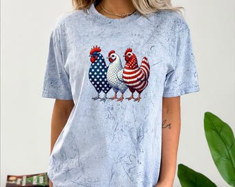 Patriotic Chicken Comfort Colors, S-4XL, Tote Option, Cottagecore Homestead, Farm Life, Red White Blue Stars Stripes, Memorial Independence