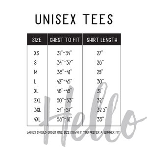 Op de afbeelding: Unisex T-shirt maattabel met borstwijdte en shirtlengte in inches. De maten vari&euml;ren van XS tot 4XL.