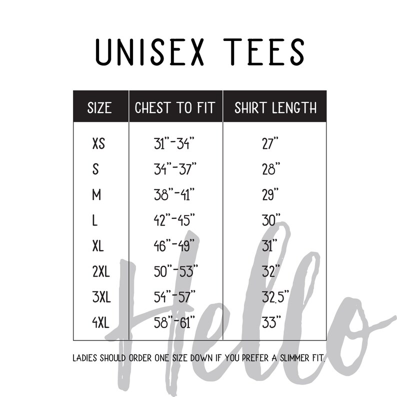 Op de afbeelding: Unisex T-shirt maattabel met borstwijdte en shirtlengte in inches. De maten vari&euml;ren van XS tot 4XL.