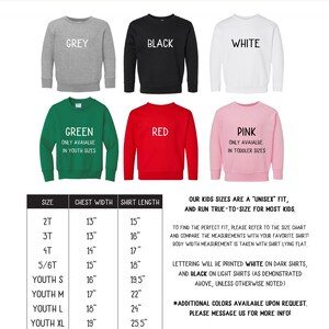 May include: A collection of six crewneck sweatshirts in grey, black, white, green, red, and pink, displayed with a size chart listing chest width and shirt length in inches. Text includes KIDS SWEATSHIRTS, size labels, and notes on fit and printing.