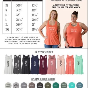 May include: A size chart for a flowy tank top with a relaxed fit. The chart shows chest circumference and shirt length in inches for sizes XS to 2XL. The tank top is available in a variety of colors, including white, dark heather grey, black, navy, maroon, rose, peach, coral, and mint.
