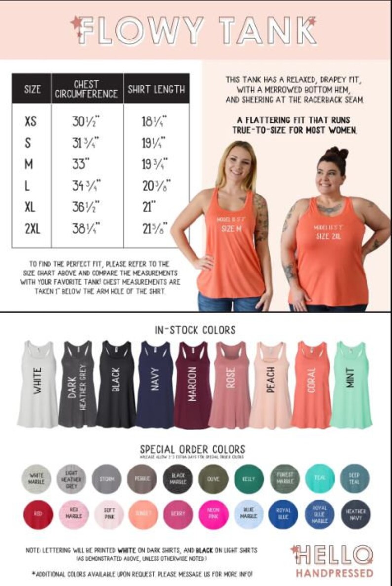 May include: A size chart for a flowy tank top with a relaxed fit. The chart shows chest circumference and shirt length in inches for sizes XS to 2XL. The tank top is available in a variety of colors, including white, dark heather grey, black, navy, maroon, rose, peach, coral, and mint.