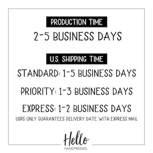 Op de afbeelding: Zwart-witte tekst op een witte achtergrond met de tekst "PRODUCTION TIME 2-5 BUSINESS DAYS US. SHIPPING TIME STANDARD: 1-5 BUSINESS DAYS PRIORITY: 1-3 BUSINESS DAYS EXPRESS: 1-2 BUSINESS DAYS USPS ONLY GUARANTEES DELIVERY DATE WITH EXPRESS MAIL Hello HANDPRESSED".