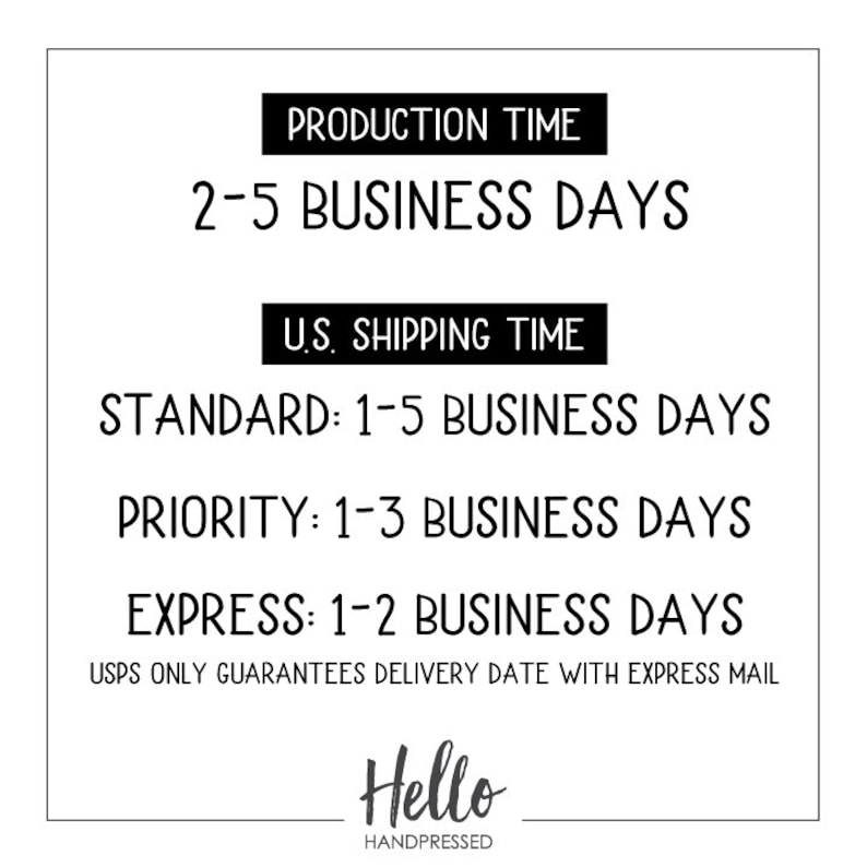 Op de afbeelding: Zwart-witte tekst op een witte achtergrond met de tekst "PRODUCTION TIME 2-5 BUSINESS DAYS US. SHIPPING TIME STANDARD: 1-5 BUSINESS DAYS PRIORITY: 1-3 BUSINESS DAYS EXPRESS: 1-2 BUSINESS DAYS USPS ONLY GUARANTEES DELIVERY DATE WITH EXPRESS MAIL Hello HANDPRESSED".