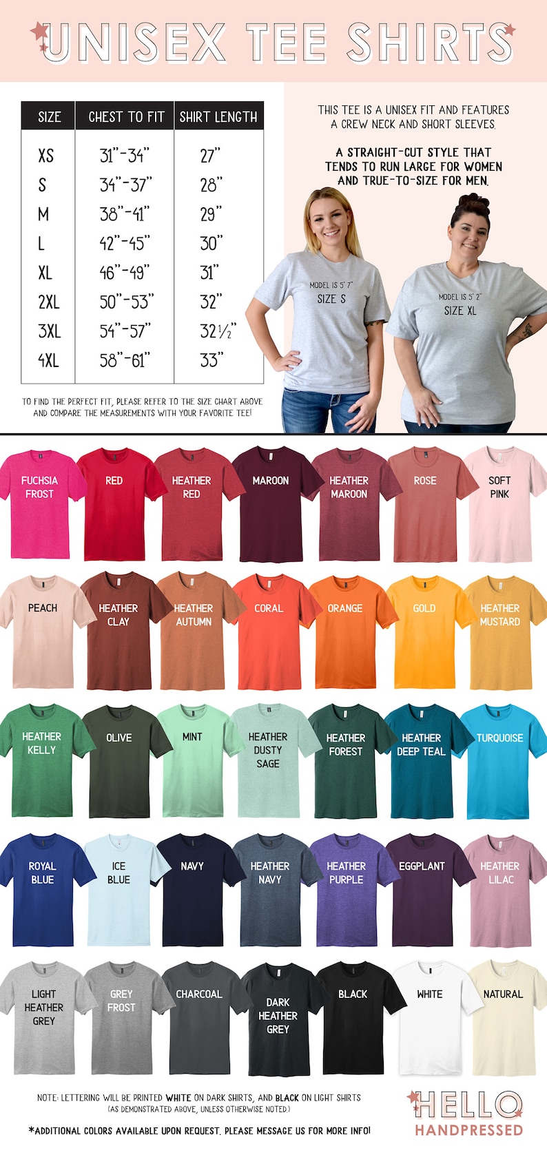 K&ouml;nnte beinhalten: Eine Gr&ouml;&szlig;entabelle f&uuml;r Unisex-T-Shirts in verschiedenen Farben, darunter Fuchsia Frost, Rot, Heather Red, Maroon, Heather Maroon, Rose, Soft Pink, Peach, Heather Clay, Heather Autumn, Coral, Orange, Gold, Heather Mustard, Heather Kelly, Olive, Mint, Heather Dusty Sage, Heather Forest, Heather Deep Teal, Turquoise, Royal Blue, Ice Blue, Navy, Heather Navy, Heather Purple, Eggplant, Heather Lilac, Light Heather Grey, Grey Frost, Charcoal, Dark Heather Grey, Black, White und Natural. Die Tabelle enth&auml;lt die Ma&szlig;e f&uuml;r Brustweite und Shirtl&auml;nge in Zoll.