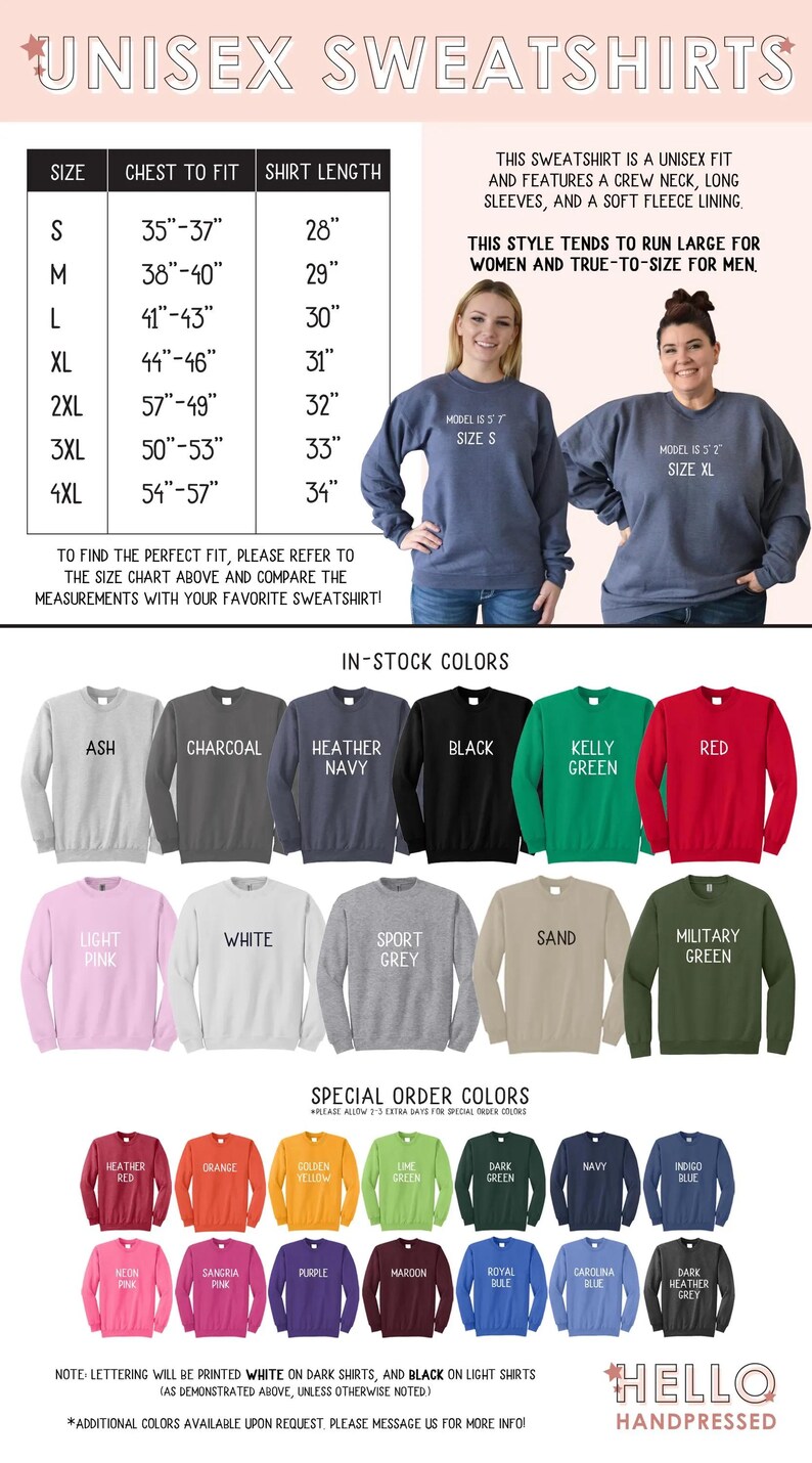 May include: A size chart for unisex crew neck sweatshirts with long sleeves and fleece lining. Includes a table with chest and length measurements in inches, color swatches for in-stock and special order options, and two models wearing blue sweatshirts.