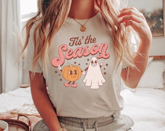 Cute Fall Graphic Tee, Women's Halloween Shirt, Spooky Season Shirt, Cute Ghost Pumpkin Shirt, Retro Boho Fall Shirt, Trick or Treat Costume