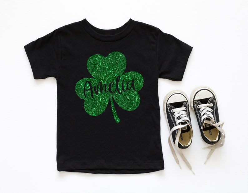 Kids St Patricks Day Shirt, Custom St Patricks Day Sweatshirt, Girls Personalized Glitter Shamrock TShirt, St Patrick for Toddler Baby Youth image 3