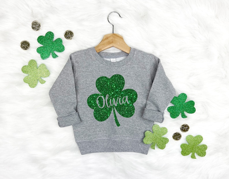 Kids St Patricks Day Shirt, Custom St Patricks Day Sweatshirt, Girls Personalized Glitter Shamrock TShirt, St Patrick for Toddler Baby Youth image 4