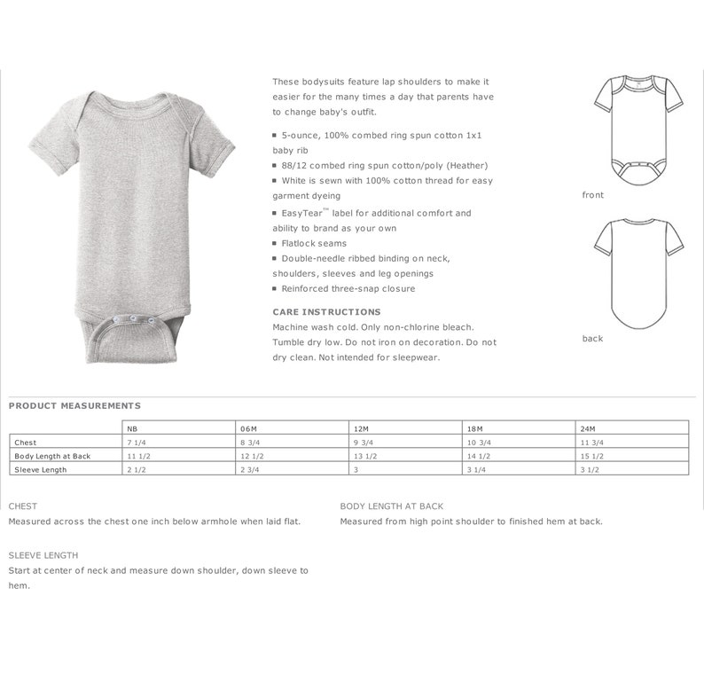 May include: A size chart for baby onesies, showing measurements in inches for chest, body length at back, and sleeve length. The chart includes sizes from newborn to 24 months.