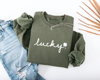 Lucky Sweatshirt, St Patrick's Day Crewneck, Cute St Patricks Day Sweatshirt, Irish Shirt, Four Leaf Clover, Adult and Kids Sizes
