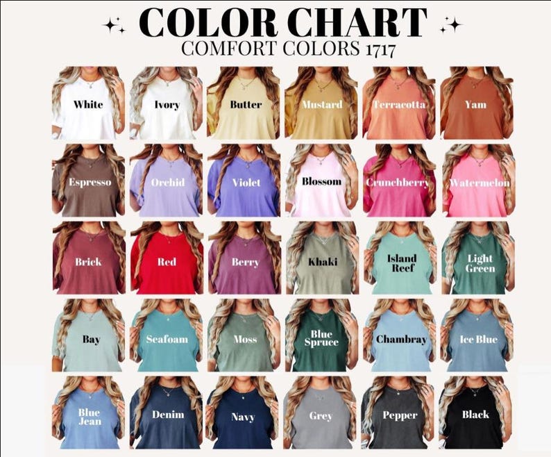Puede incluir: Una carta de colores que muestra camisetas Comfort Colors en una variedad de tonos. La carta incluye colores como blanco, marfil, mantequilla, mostaza, terracota, &ntilde;ame, espresso, orqu&iacute;dea, violeta, flor, crunchberry, sand&iacute;a, ladrillo, rojo, baya, caqui, arrecife de la isla, verde claro, bah&iacute;a, espuma de mar, musgo, abeto azul, chambray, azul hielo, azul vaquero, mezclilla, marino, gris, pimienta y negro.