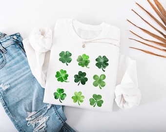 Sweat-shirt trèfle Saint-Patrick, chemise St Pattys, trèfle aquarelle, jolie chemise St Paddys, chemise de défilé, col rond graphique tendance
