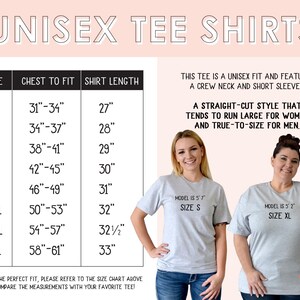May include: Unisex tee shirt size chart with measurements in inches for chest to fit and shirt length. The chart shows sizes XS to 4XL. The chart also includes information about the fit of the shirts, stating that they are a straight-cut style that tends to run large for women and true-to-size for men.