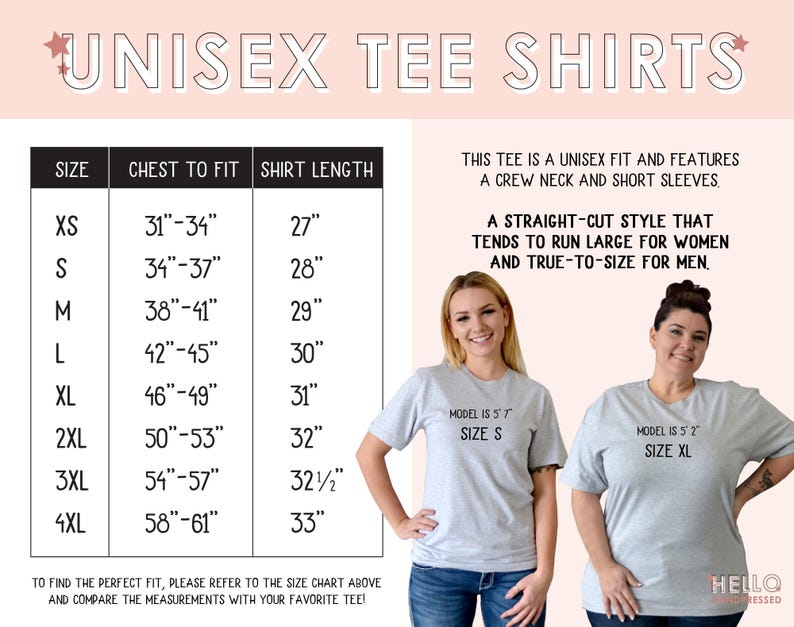 May include: Unisex tee shirt size chart with measurements in inches for chest to fit and shirt length. The chart shows sizes XS to 4XL. The chart also includes information about the fit of the shirts, stating that they are a straight-cut style that tends to run large for women and true-to-size for men.