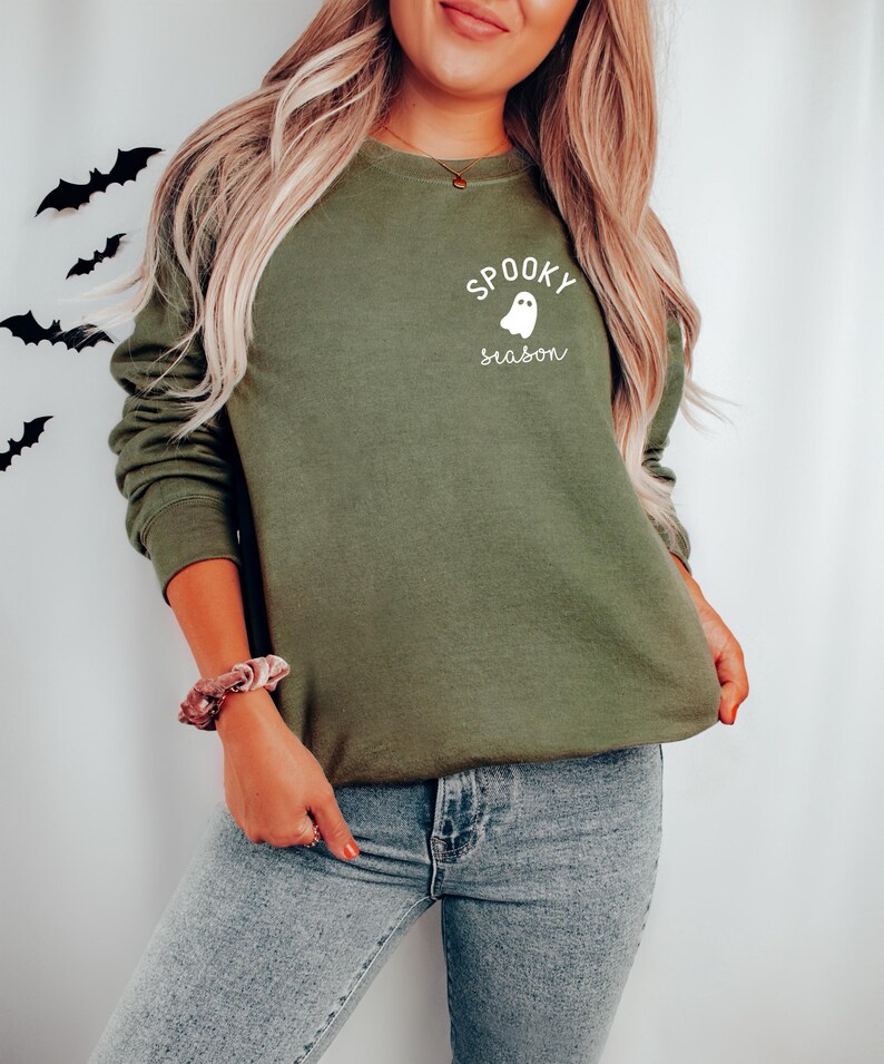 Sudadera de temporada espeluznante, sudadera de cuello redondo, sudadera espeluznante, Halloween, fantasma, negro, PSL, otoño de calabaza, lindo y aterrador, camiseta de otoño imagen 2
