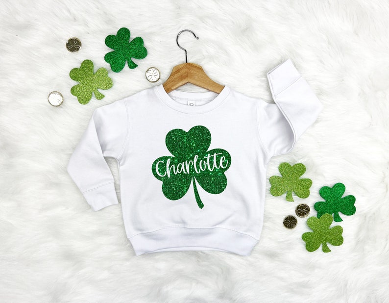 Kids St Patricks Day Shirt, Custom St Patricks Day Sweatshirt, Girls Personalized Glitter Shamrock TShirt, St Patrick for Toddler Baby Youth image 1