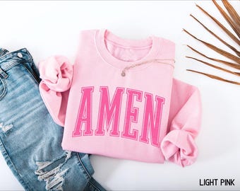 Pink Amen Sweatshirt, Christian Gift For Mom, Distressed Graphic, Easter Pullover, For Teacher, Inspirational, S-4XL, Trendy Religious Shirt