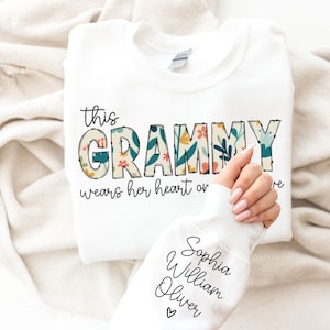 Grammy Sweatshirt with Grandkids Names on Sleeve, Christmas Gift for Grandma, Custom Sweatshirt for Grammy, I Wear My Heart On My Sleeve