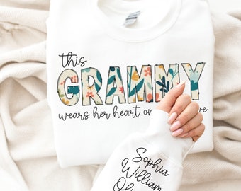 Sweat-shirt Grammy avec noms de petits-enfants sur la manche, cadeau de Noël pour grand-mère, sweat-shirt personnalisé pour les Grammy, je porte mon coeur sur ma manche