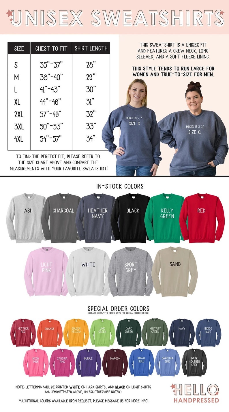 K&ouml;nnte beinhalten: Unisex-Sweatshirt-Gr&ouml;&szlig;entabelle mit Brust- und &Auml;rmelma&szlig;en in Zoll. Die Tabelle zeigt eine Vielzahl von verf&uuml;gbaren Farben, darunter Asche, Anthrazit, Heather Navy, Schwarz, Kellygr&uuml;n, Rot, Hellrosa, Wei&szlig;, Sportgrau und Sand. Der Text "Hello Handpressed" befindet sich am unteren Rand der Tabelle.