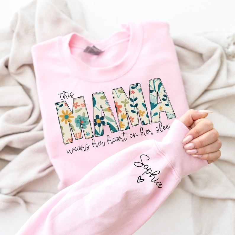 I Wear My Heart On My Sleeve Sweatshirt, Mothers Day Shirt, Mama Sweatshirt with Kids Name on Sleeve, Personalized Mother Day Gift for Mom image 4