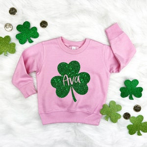 Kids St Patricks Day Shirt, Custom St Patricks Day Sweatshirt, Girls Personalized Glitter Shamrock TShirt, St Patrick for Toddler Baby Youth image 2