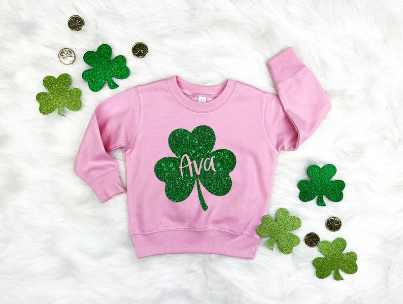 Kids St Patricks Day Shirt, Custom St Patricks Day Sweatshirt, Girls Personalized Glitter Shamrock TShirt, St Patrick for Toddler Baby Youth image 2